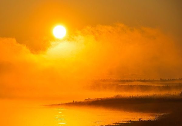 Canada-Manitoba-Riding Mountain National Park Fog rising above Whirlpool Lake at sunrise
